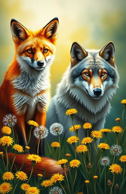 An oil painting style cover featuring a majestic fox and a noble wolf, gracefully posed amidst a vibrant field of dandelions