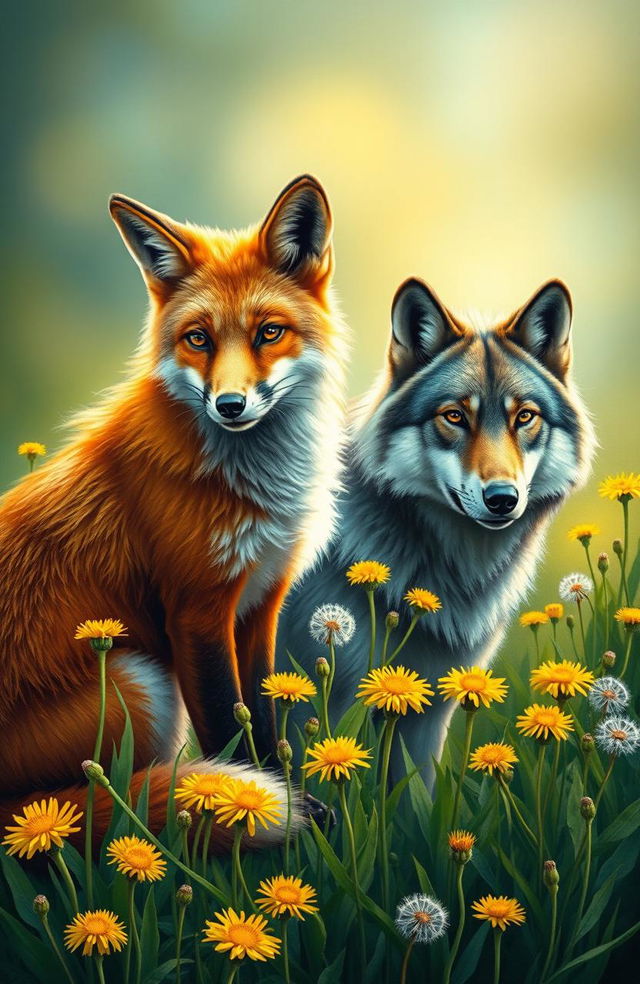 An oil painting style cover featuring a majestic fox and a noble wolf, gracefully posed amidst a vibrant field of dandelions