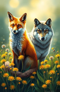 An oil painting style cover featuring a majestic fox and a noble wolf, gracefully posed amidst a vibrant field of dandelions