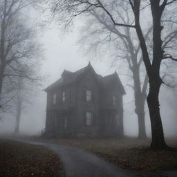 An intimate view of a fog-shrouded, dark town. The scene gets closer, revealing mysterious dimly lit structures, their intricate details barely decipherable through the thickets of swirling fog and the curtain of the oppressive darkness