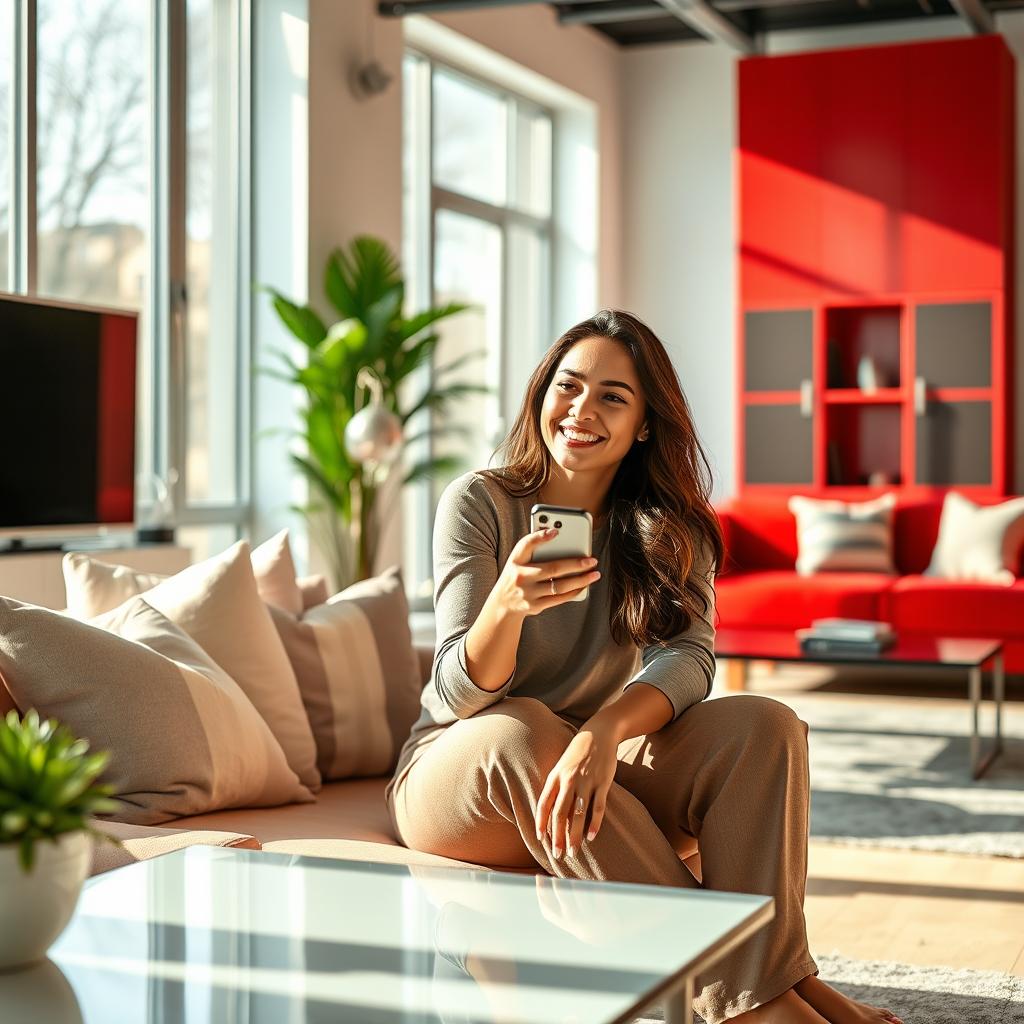 A woman sitting in a modern living room, holding a smartphone, with a striking red furniture piece prominently featured in the background