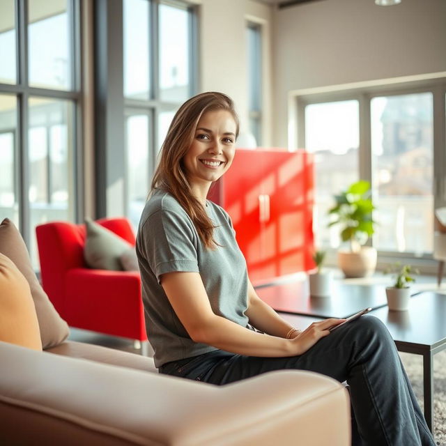 A woman sitting in a modern living room, holding a smartphone, with a striking red furniture piece prominently featured in the background