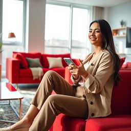 A woman sitting in a modern living room, holding a smartphone, with a striking red furniture piece prominently featured in the background