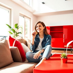 A woman sitting in a modern living room, holding a smartphone, with a striking red furniture piece prominently featured in the background