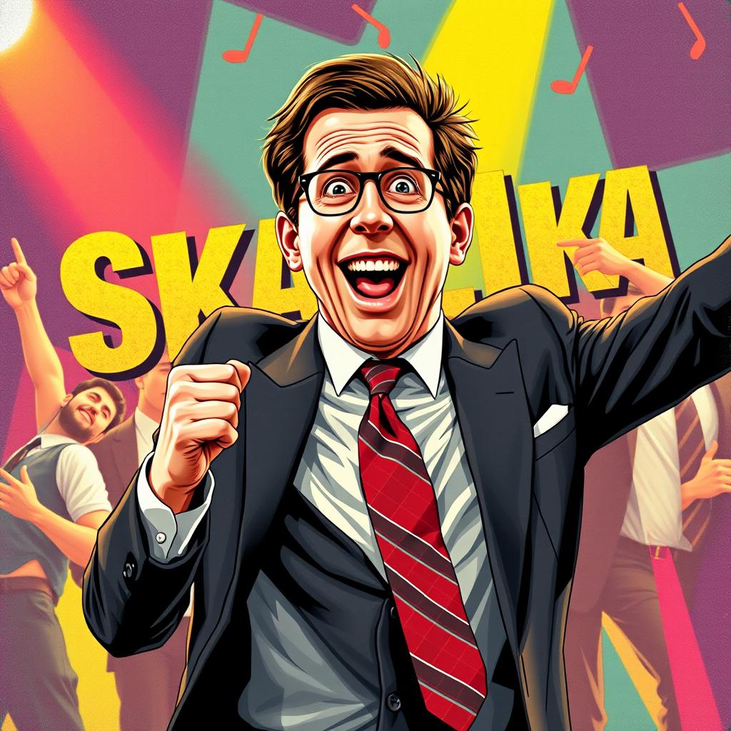 Michael Scott from The Office, resembling Steve Carell, dancing energetically to ska music while wearing his signature suit and tie