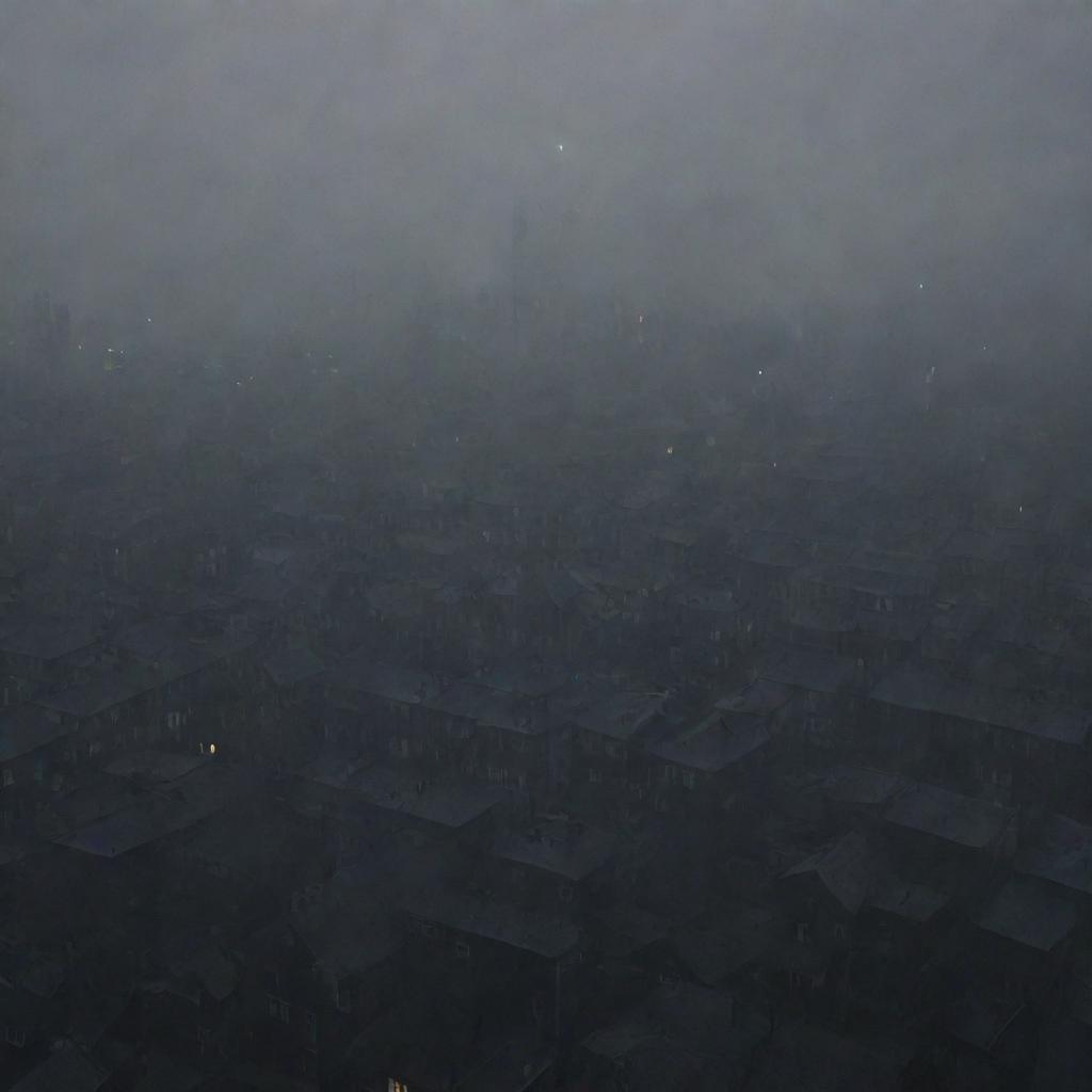 A close-up perspective of a dark, sprawling town abundant with buildings, each drowned in heavy fog and cloaked in oppressive darkness. The eeriness is amplified by dim lights peeping through windows, attempting a futile struggle against the encompassing gloom