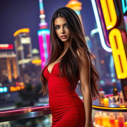 A sexy young woman with long, flowing hair, wearing a form-fitting red dress