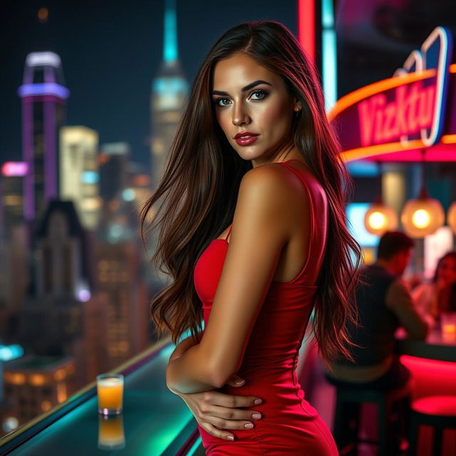 A sexy young woman with long, flowing hair, wearing a form-fitting red dress