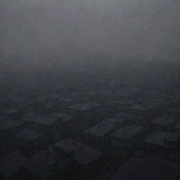 A close-up perspective of a dark, sprawling town abundant with buildings, each drowned in heavy fog and cloaked in oppressive darkness. The eeriness is amplified by dim lights peeping through windows, attempting a futile struggle against the encompassing gloom