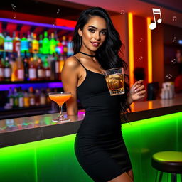 A sexy young woman with long, wavy black hair, wearing a stylish and form-fitting black dress, leaning casually against a modern bar