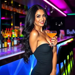 A sexy young woman with long, wavy black hair, wearing a stylish and form-fitting black dress, leaning casually against a modern bar