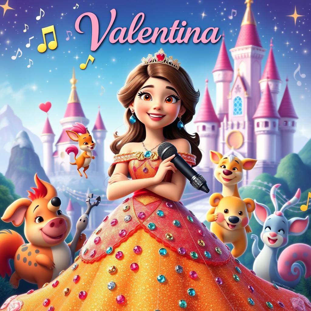 A vibrant and colorful poster in Pixar style featuring a princess named Valentina