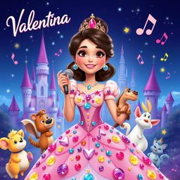 A vibrant and colorful poster in Pixar style featuring a princess named Valentina