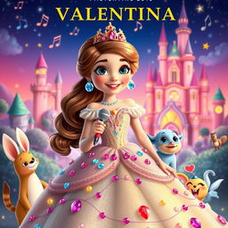 A vibrant and colorful poster in Pixar style featuring a princess named Valentina