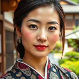 A close-up portrait of a beautiful and elegant Japanese woman, aged between 35 and 49, with oily skin, exuding confidence