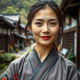 A close-up portrait of a beautiful and elegant Japanese woman, aged between 35 and 49, with oily skin, exuding confidence