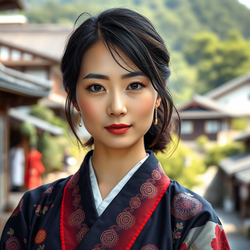 A close-up portrait of a beautiful and elegant Japanese woman, aged between 35 and 49, with oily skin, exuding confidence