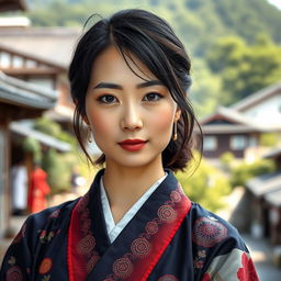 A close-up portrait of a beautiful and elegant Japanese woman, aged between 35 and 49, with oily skin, exuding confidence