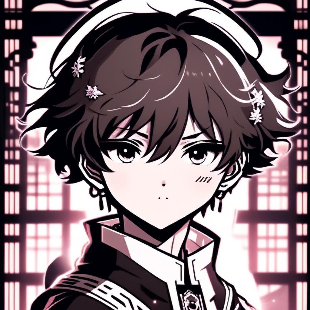 Black and white profile picture of an anime schoolboy from a retro-scifi universe with emo hairstyle, intense glowing eyes and intricate background combining futuristic elements with traditional Japanese architecture.