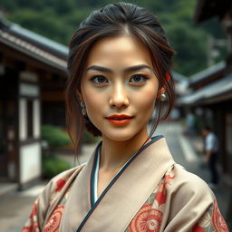 A close-up portrait of a beautiful and elegant Japanese woman, aged between 35 and 49, with oily skin, exuding confidence