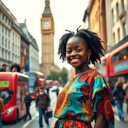 A striking portrait of a black African girl standing confidently at the center of a bustling London street during the daytime