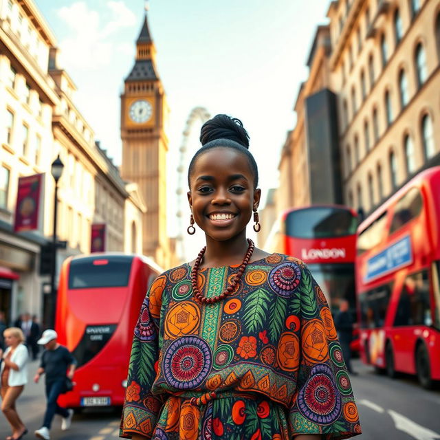 A striking portrait of a black African girl standing confidently at the center of a bustling London street during the daytime