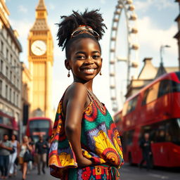 A striking portrait of a black African girl standing confidently at the center of a bustling London street during the daytime