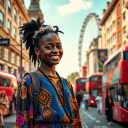 A striking portrait of a black African girl standing confidently at the center of a bustling London street during the daytime