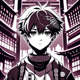 Black and white profile picture of an anime schoolboy from a retro-scifi universe with emo hairstyle, intense glowing eyes and intricate background combining futuristic elements with traditional Japanese architecture.