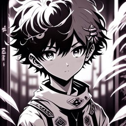 Black and white profile picture of an anime schoolboy from a retro-scifi universe with emo hairstyle, intense glowing eyes and intricate background combining futuristic elements with traditional Japanese architecture.