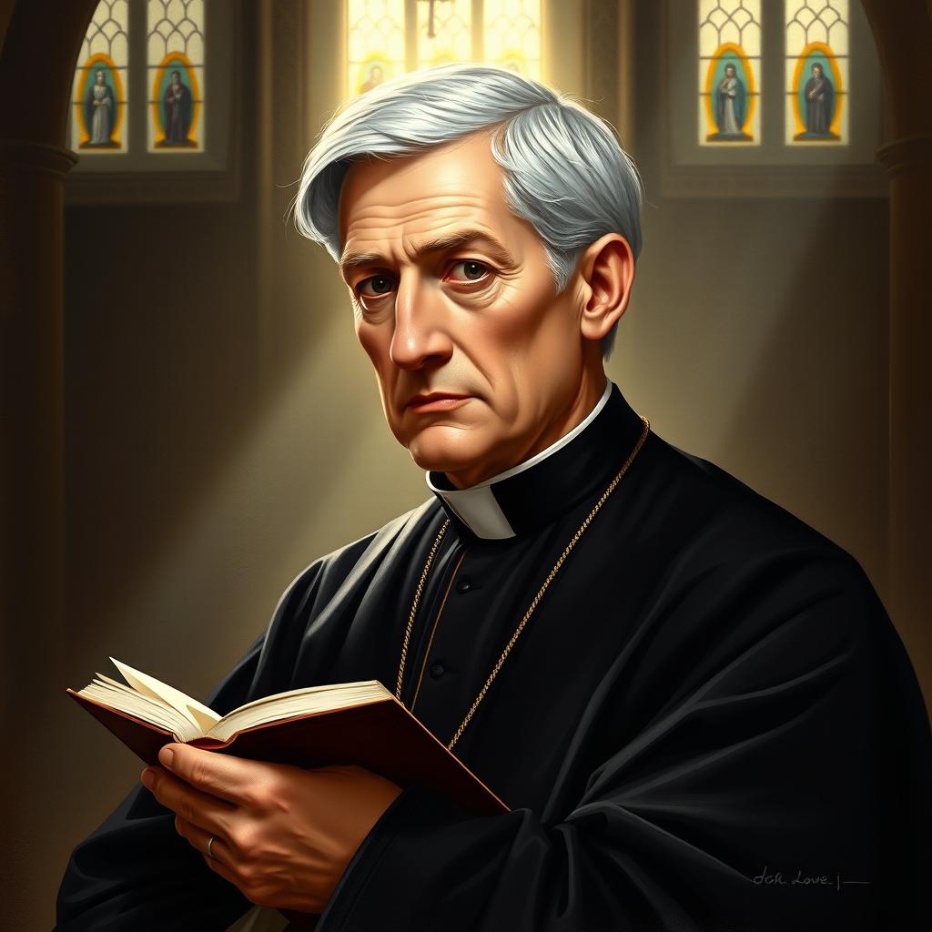 A detailed artistic representation of Cardinal John Henry Newman, depicted in a classic portrait style