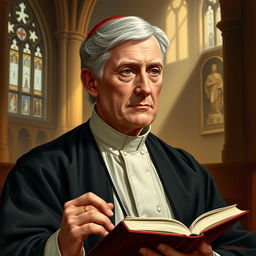 A detailed artistic representation of Cardinal John Henry Newman, depicted in a classic portrait style