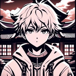 Black and white profile picture of an anime schoolboy from a retro-scifi universe with emo hairstyle, intense glowing eyes and intricate background combining futuristic elements with traditional Japanese architecture.