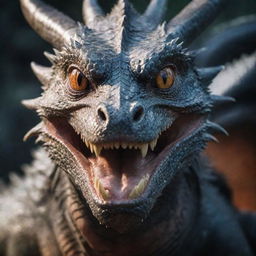 A fierce yet enchanting dragon looking directly into the camera lens with its captivating gaze.