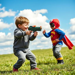 A dramatic scene depicting a young boy holding a toy gun in a playful stance, playfully facing a child in a superhero costume, both on a grassy field