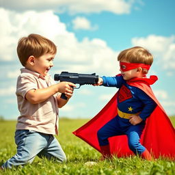 A dramatic scene depicting a young boy holding a toy gun in a playful stance, playfully facing a child in a superhero costume, both on a grassy field