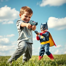 A dramatic scene depicting a young boy holding a toy gun in a playful stance, playfully facing a child in a superhero costume, both on a grassy field