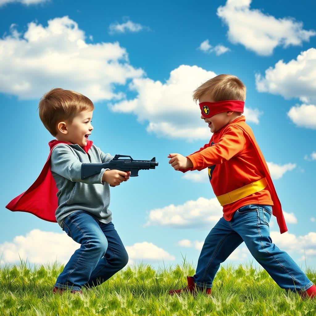 A dramatic scene depicting a young boy holding a toy gun in a playful stance, playfully facing a child in a superhero costume, both on a grassy field