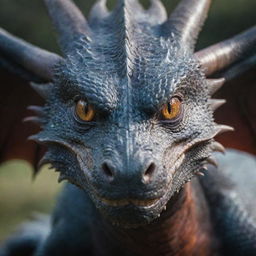 A fierce yet enchanting dragon looking directly into the camera lens with its captivating gaze.