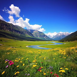 A serene landscape depicting a lush green meadow under a clear blue sky, dotted with colorful wildflowers in shades of yellow, purple, and red