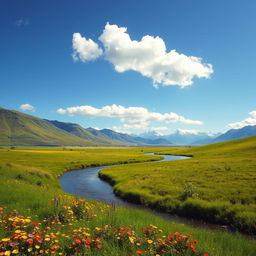 A serene landscape depicting a lush green meadow under a clear blue sky, dotted with colorful wildflowers in shades of yellow, purple, and red