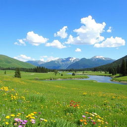 A serene landscape depicting a lush green meadow under a clear blue sky, dotted with colorful wildflowers in shades of yellow, purple, and red