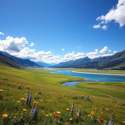 A serene landscape depicting a lush green meadow under a clear blue sky, dotted with colorful wildflowers in shades of yellow, purple, and red