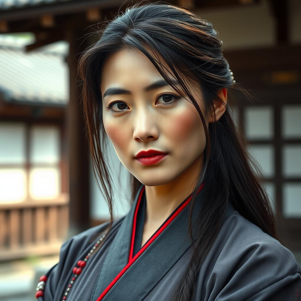 A close-up image of a beautiful and graceful Japanese woman, aged between 35-59 years, exuding confidence with oily skin and long hair