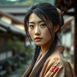 A close-up image of a beautiful and graceful Japanese woman, aged between 35-59 years, exuding confidence with oily skin and long hair