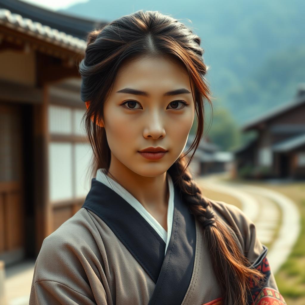 A close-up image of a beautiful and graceful Japanese woman, aged between 35-59 years, exuding confidence with oily skin and long hair