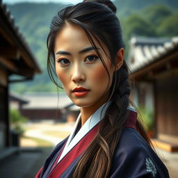 A close-up image of a beautiful and graceful Japanese woman, aged between 35-59 years, exuding confidence with oily skin and long hair