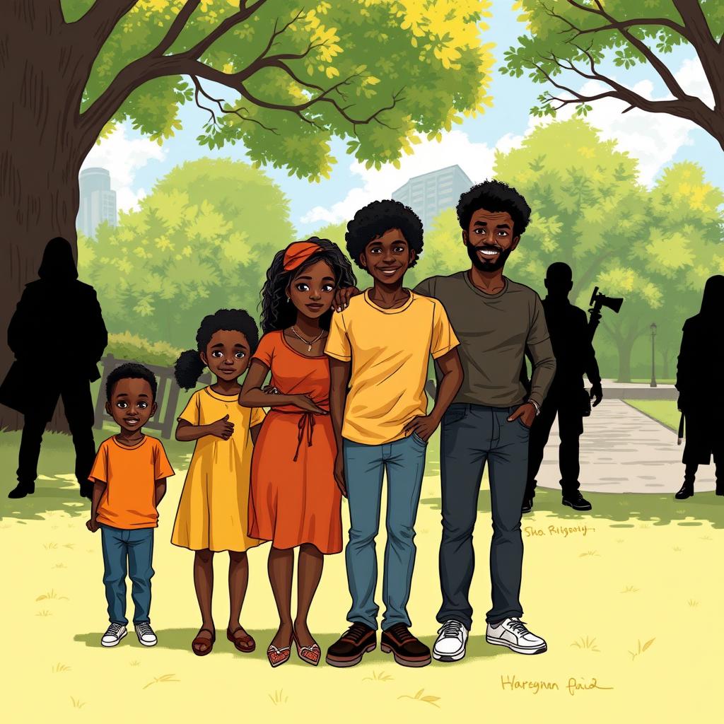 A powerful and emotive illustration depicting a black family standing together in a park, showcasing their unity and strength in the face of adversity