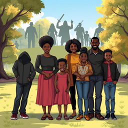 A powerful and emotive illustration depicting a black family standing together in a park, showcasing their unity and strength in the face of adversity