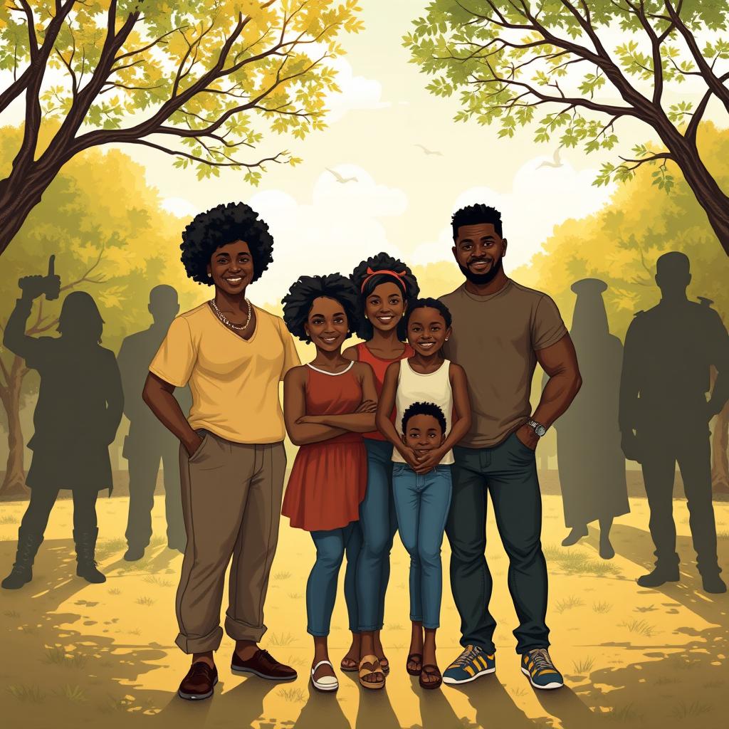 A powerful and emotive illustration depicting a black family standing together in a park, showcasing their unity and strength in the face of adversity